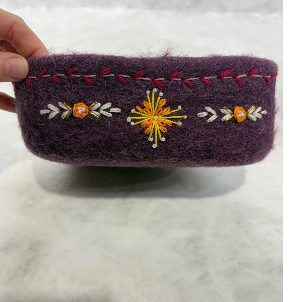 Handmade Felted Wool Embroidered Bowls Purple Boho Trinket Dish Lot of 2 7/31